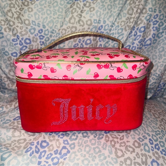 Juicy Couture Handbags - New Red Pink Juicy Couture Makeup Bag Cosmetic Travel Case Cherry Velvet